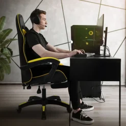 Gaming Stuhl mit Fußstütze und Armlehne Schwarz-Gelb, aus Kunstleder ML-Design-ECD Germany Outlet