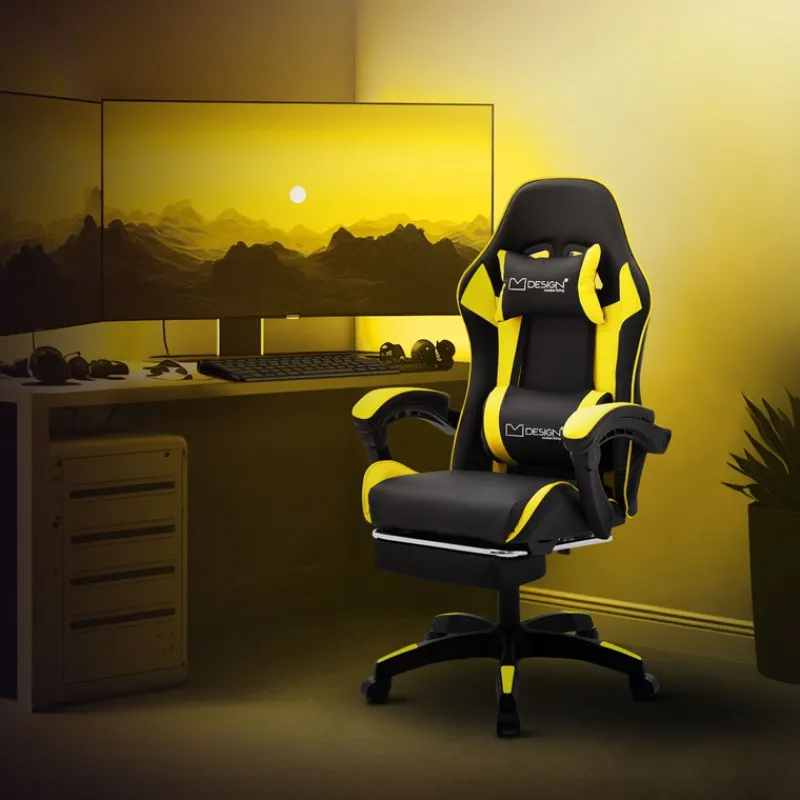 Gaming Stuhl mit Fußstütze und Armlehne Schwarz-Gelb, aus Kunstleder ML-Design-ECD Germany Outlet