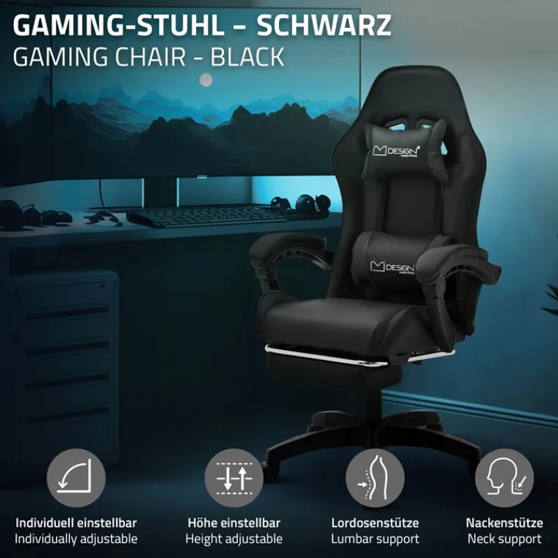 Gaming Stuhl mit Fußstütze und Armlehne Schwarz, aus Kunstleder ML-Design-ECD Germany Sale