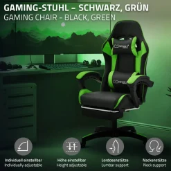 Gaming Stuhl mit Fußstütze und Armlehne Schwarz-Grün, aus Kunstleder ML-Design-ECD Germany Best
