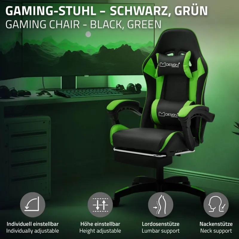 Gaming Stuhl mit Fußstütze und Armlehne Schwarz-Grün, aus Kunstleder ML-Design-ECD Germany Best