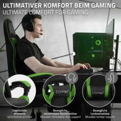 Gaming Stuhl mit Fußstütze und Armlehne Schwarz-Grün, aus Kunstleder ML-Design-ECD Germany Best