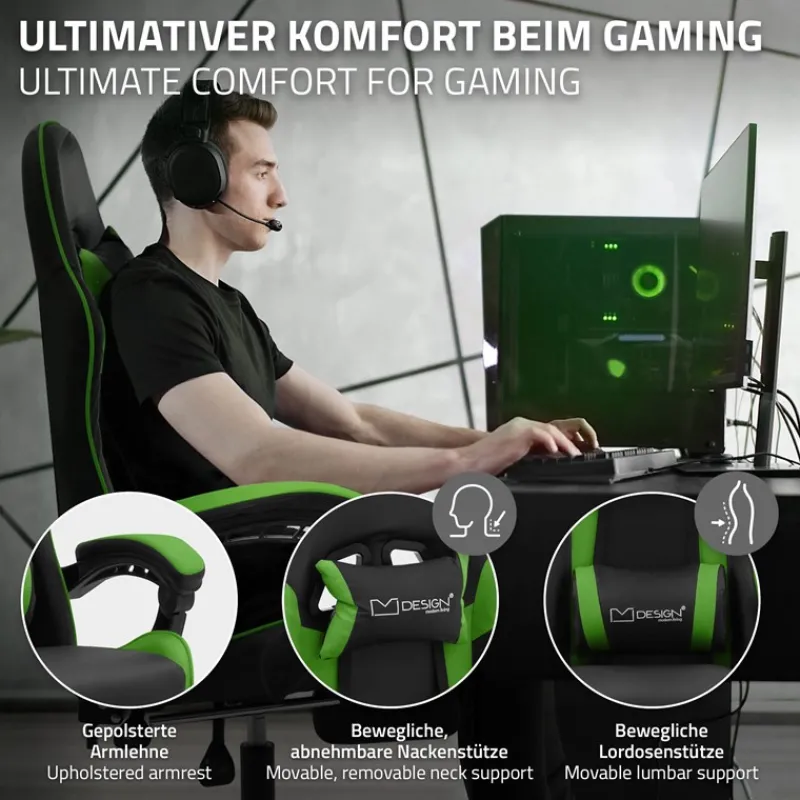 Gaming Stuhl mit Fußstütze und Armlehne Schwarz-Grün, aus Kunstleder ML-Design-ECD Germany Best