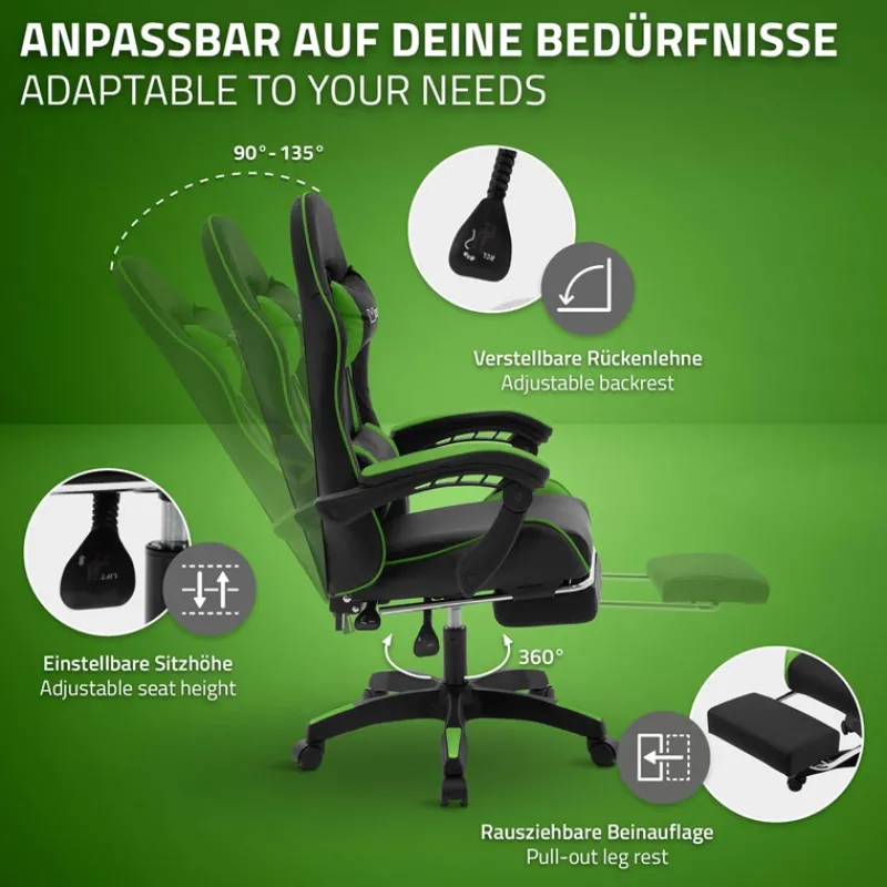Gaming Stuhl mit Fußstütze und Armlehne Schwarz-Grün, aus Kunstleder ML-Design-ECD Germany Best