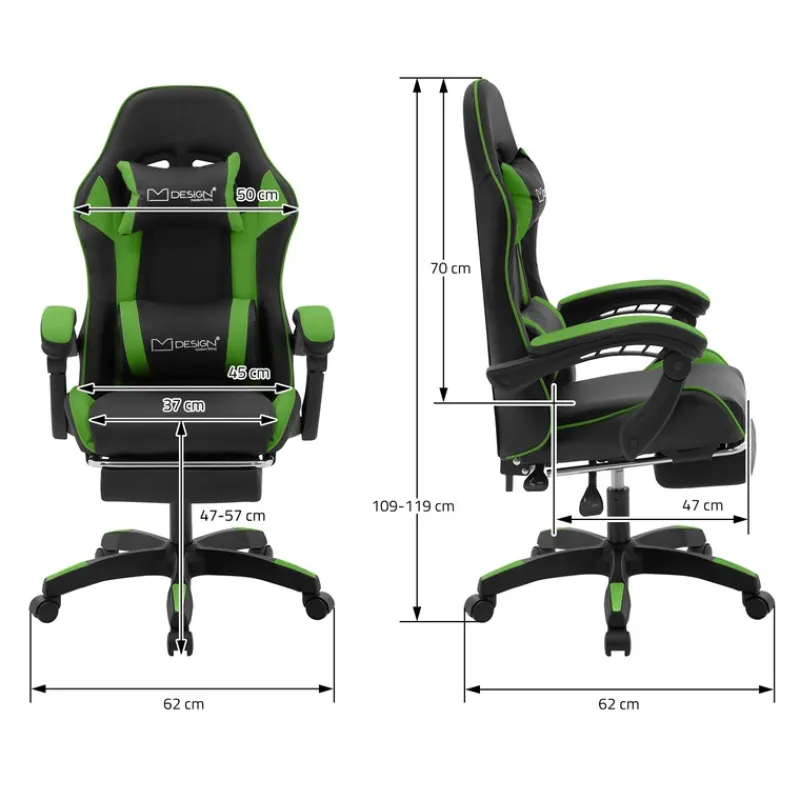 Gaming Stuhl mit Fußstütze und Armlehne Schwarz-Grün, aus Kunstleder ML-Design-ECD Germany Best