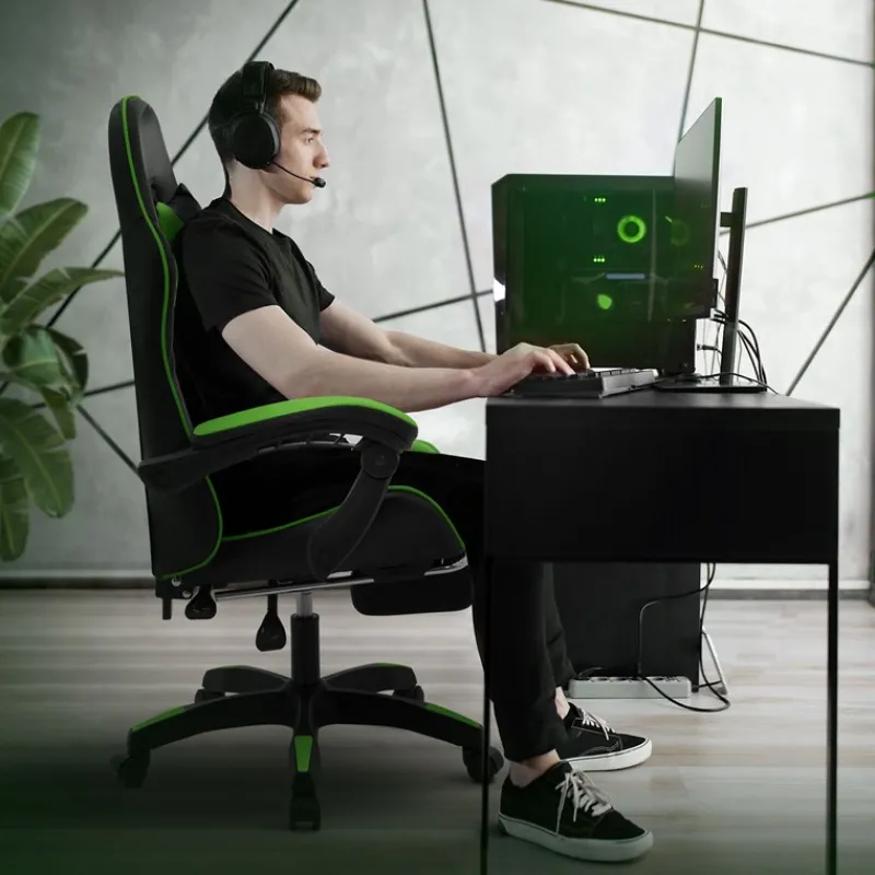 Gaming Stuhl mit Fußstütze und Armlehne Schwarz-Grün, aus Kunstleder ML-Design-ECD Germany Best