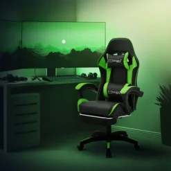 Gaming Stuhl mit Fußstütze und Armlehne Schwarz-Grün, aus Kunstleder ML-Design-ECD Germany Best