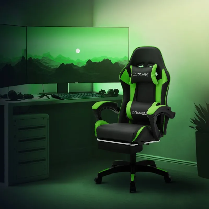 Gaming Stuhl mit Fußstütze und Armlehne Schwarz-Grün, aus Kunstleder ML-Design-ECD Germany Best