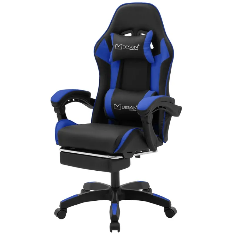 Gaming Stuhl mit Fußstütze und Armlehne Schwarz-Blau, aus Kunstleder ML-Design-ECD Germany Outlet