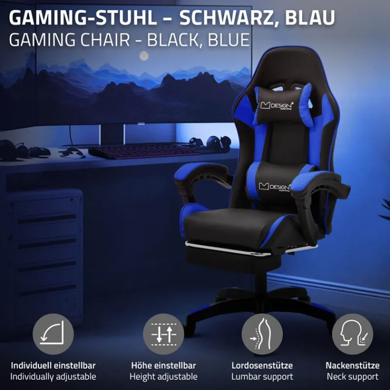 Gaming Stuhl mit Fußstütze und Armlehne Schwarz-Blau, aus Kunstleder ML-Design-ECD Germany Outlet
