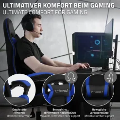 Gaming Stuhl mit Fußstütze und Armlehne Schwarz-Blau, aus Kunstleder ML-Design-ECD Germany Outlet