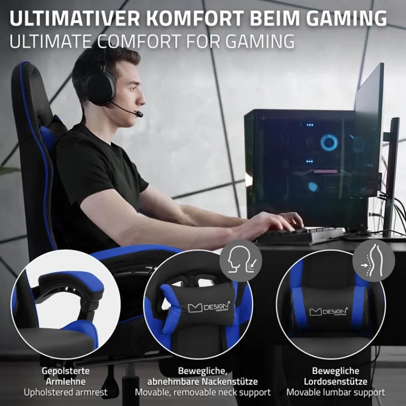 Gaming Stuhl mit Fußstütze und Armlehne Schwarz-Blau, aus Kunstleder ML-Design-ECD Germany Outlet