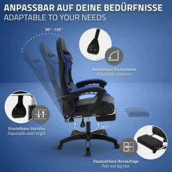 Gaming Stuhl mit Fußstütze und Armlehne Schwarz-Blau, aus Kunstleder ML-Design-ECD Germany Outlet