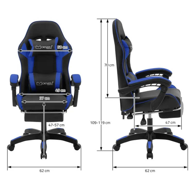 Gaming Stuhl mit Fußstütze und Armlehne Schwarz-Blau, aus Kunstleder ML-Design-ECD Germany Outlet