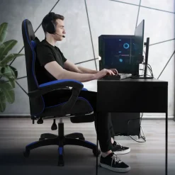 Gaming Stuhl mit Fußstütze und Armlehne Schwarz-Blau, aus Kunstleder ML-Design-ECD Germany Outlet