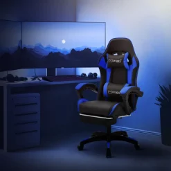 Gaming Stuhl mit Fußstütze und Armlehne Schwarz-Blau, aus Kunstleder ML-Design-ECD Germany Outlet