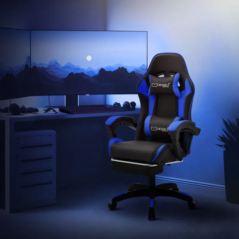 Gaming Stuhl mit Fußstütze und Armlehne Schwarz-Blau, aus Kunstleder ML-Design-ECD Germany Outlet