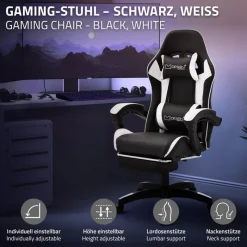 Gaming Stuhl mit Fußstütze und Armlehne Schwarz-Weiß, aus Kunstleder ML-Design-ECD Germany
