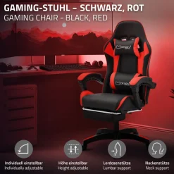 Gaming Stuhl mit Fußstütze und Armlehne Schwarz-Rot, aus Kunstleder ML-Design-ECD Germany Outlet