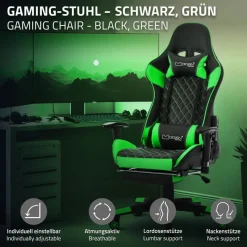 Gamingstuhl mit ausziehbarer Fußstütze 2D Armlehne Schwarz/Grün aus Kunstleder ML-Design-ECD Germany Clearance
