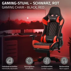 Gamingstuhl mit ausziehbarer Fußstütze 2D Armlehne Schwarz/Rot aus Kunstleder ML-Design-ECD Germany Best