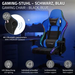 Gamingstuhl mit RGB Beleuchtung & Bluetoothboxen Schwarz/Blau aus Kunstleder ML-Design-ECD Germany Hot