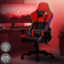Gamingstuhl mit RGB Beleuchtung & Bluetoothboxen Schwarz/Rot aus Kunstleder ML-Design-ECD Germany Sale