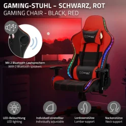 Gamingstuhl mit RGB Beleuchtung & Bluetoothboxen Schwarz/Rot aus Kunstleder ML-Design-ECD Germany Sale