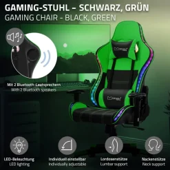 Gamingstuhl mit RGB Beleuchtung & Bluetoothboxen Schwarz/Grün aus Kunstleder ML-Design-ECD Germany Online