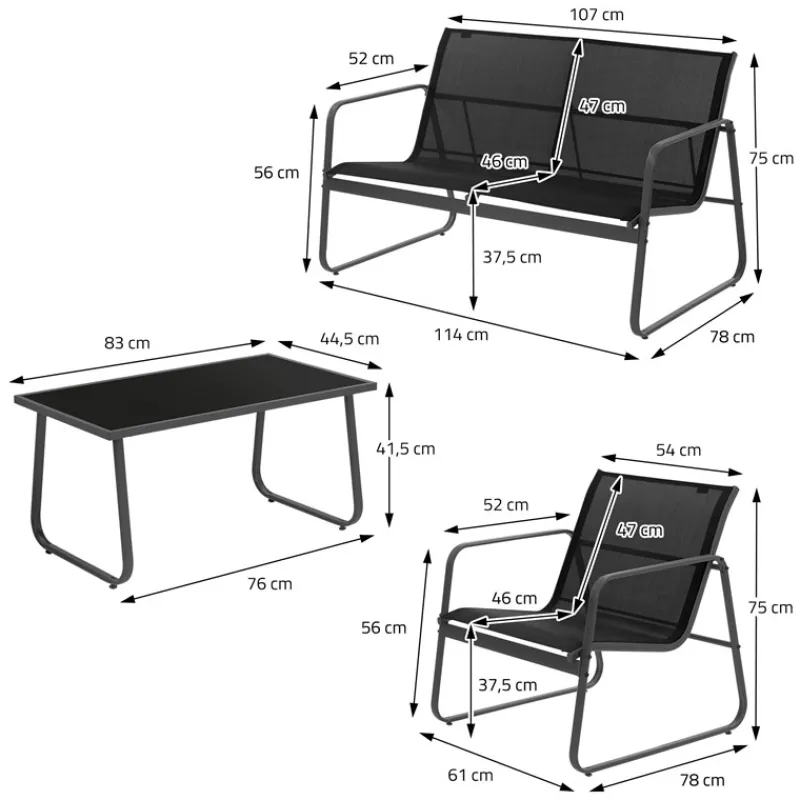 Gartenmöbel Set Loungegarnitur 4-Teilig Schwarz aus Stahl und Textil ML-Design-ECD Germany Online