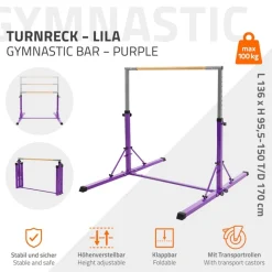 Gymnastik Turnreck faltbar, Lila, Gymnastikstange für Kinder, Reckstange höhenverstellbar 95,5-150 cm Hauki-ECD Germany