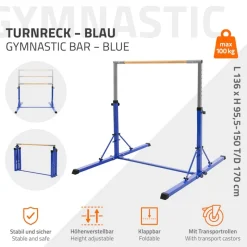 Gymnastik Turnreck faltbar, Blau, Gymnastikstange für Kinder, Reckstange höhenverstellbar 95,5-150 cm Hauki-ECD Germany Clearance