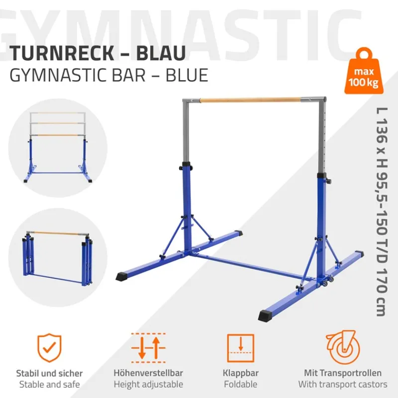 Gymnastik Turnreck faltbar, Blau, Gymnastikstange für Kinder, Reckstange höhenverstellbar 95,5-150 cm Hauki-ECD Germany Clearance