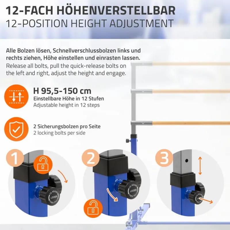 Gymnastik Turnreck faltbar, Blau, Gymnastikstange für Kinder, Reckstange höhenverstellbar 95,5-150 cm Hauki-ECD Germany Clearance