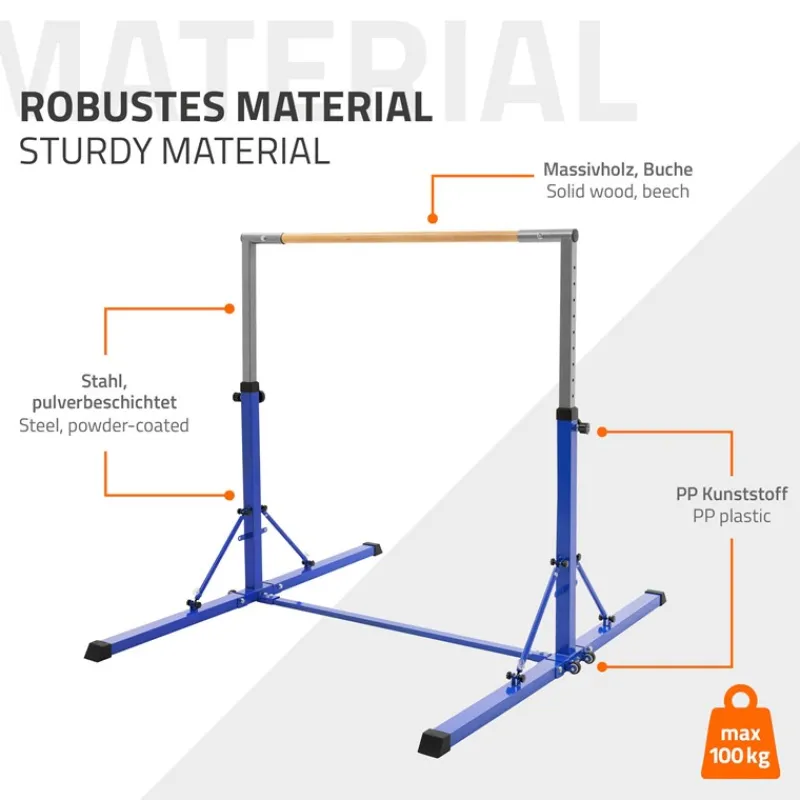 Gymnastik Turnreck faltbar, Blau, Gymnastikstange für Kinder, Reckstange höhenverstellbar 95,5-150 cm Hauki-ECD Germany Clearance