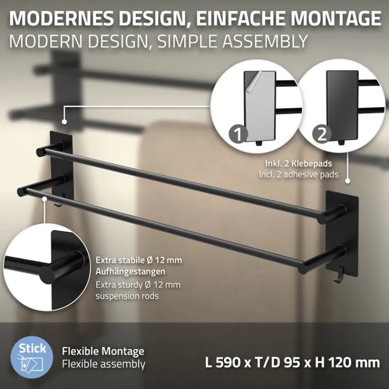 Handtuchhalter ohne Bohren 60 cm Schwarz aus Stahl mit 2 Klebepads ML-Design-ECD Germany Online