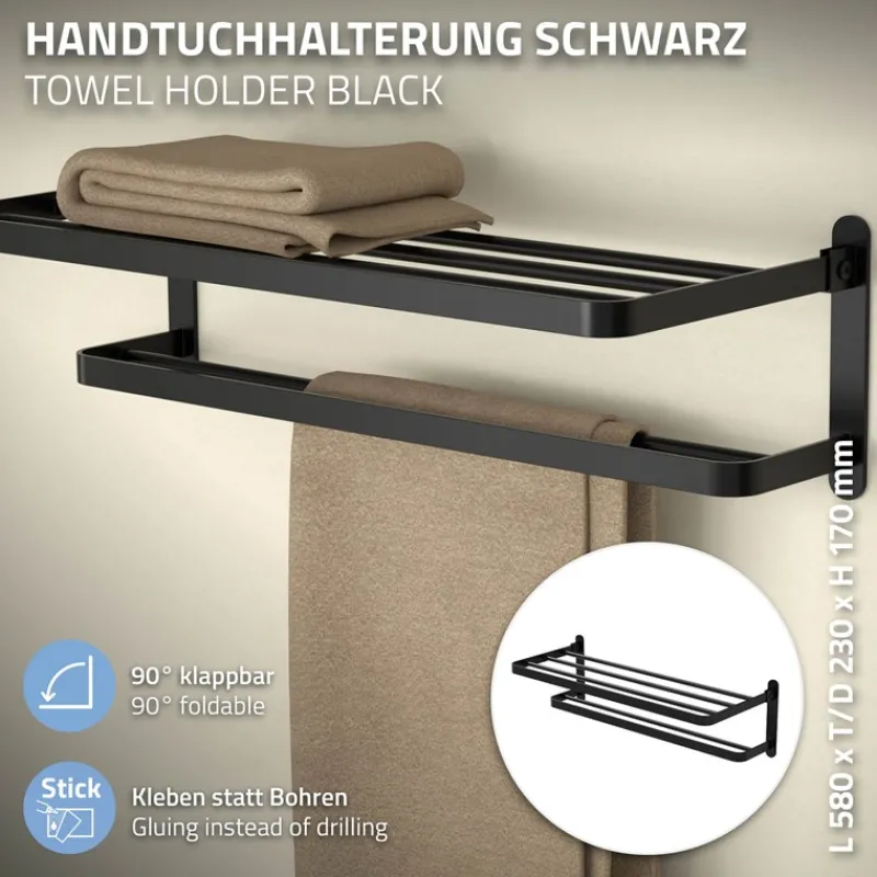 Handtuchhalter ohne Bohren klappbar mit Klebepads 58 cm Schwarz aus Aluminium ML-Design-ECD Germany New