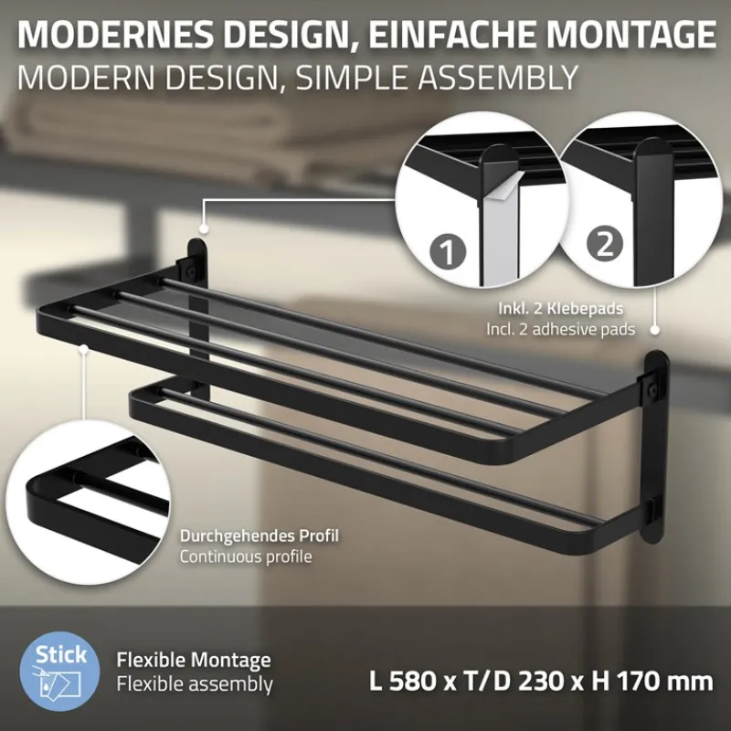 Handtuchhalter ohne Bohren klappbar mit Klebepads 58 cm Schwarz aus Aluminium ML-Design-ECD Germany New