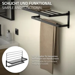 Handtuchhalter ohne Bohren klappbar mit Klebepads 58 cm Schwarz aus Aluminium ML-Design-ECD Germany New