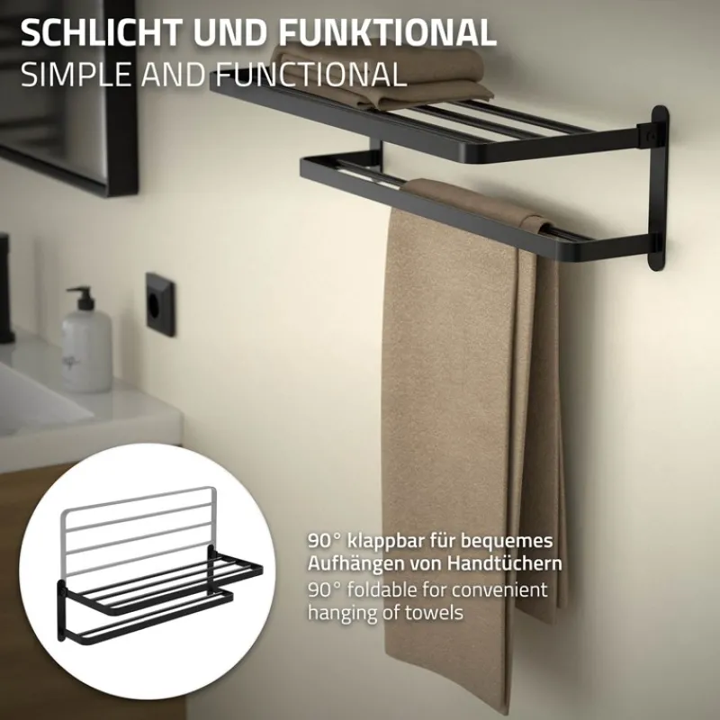 Handtuchhalter ohne Bohren klappbar mit Klebepads 58 cm Schwarz aus Aluminium ML-Design-ECD Germany New