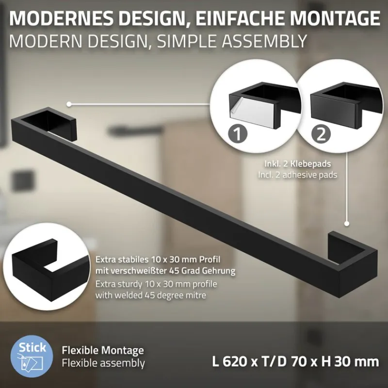 Handtuchhalter selbstklebend ohne Bohren 62 cm Schwarz aus Stahl ML-Design-ECD Germany Sale