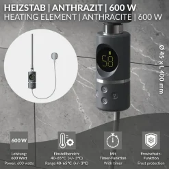 Heizstab 600W Anthrazit mit Thermostat und LCD Bildschirm LuxeBath-ECD Germany New