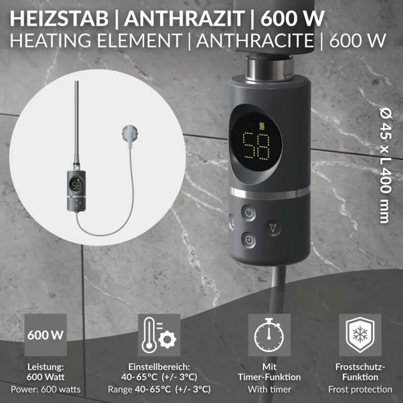 Heizstab 600W Anthrazit mit Thermostat und LCD Bildschirm LuxeBath-ECD Germany New