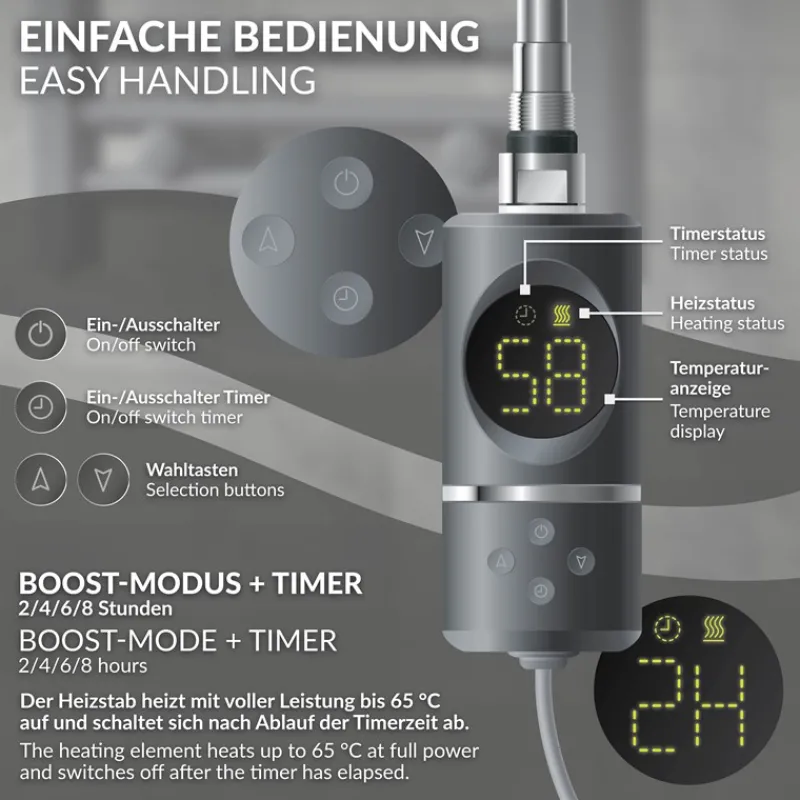 Heizstab 600W Anthrazit mit Thermostat und LCD Bildschirm LuxeBath-ECD Germany New