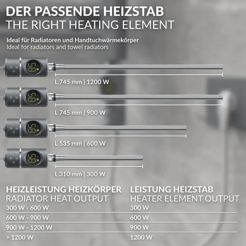 Heizstab 600W Anthrazit mit Thermostat und LCD Bildschirm LuxeBath-ECD Germany New