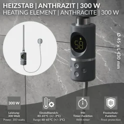 Heizstab 300W Anthrazit mit Thermostat und LCD Bildschirm LuxeBath-ECD Germany New