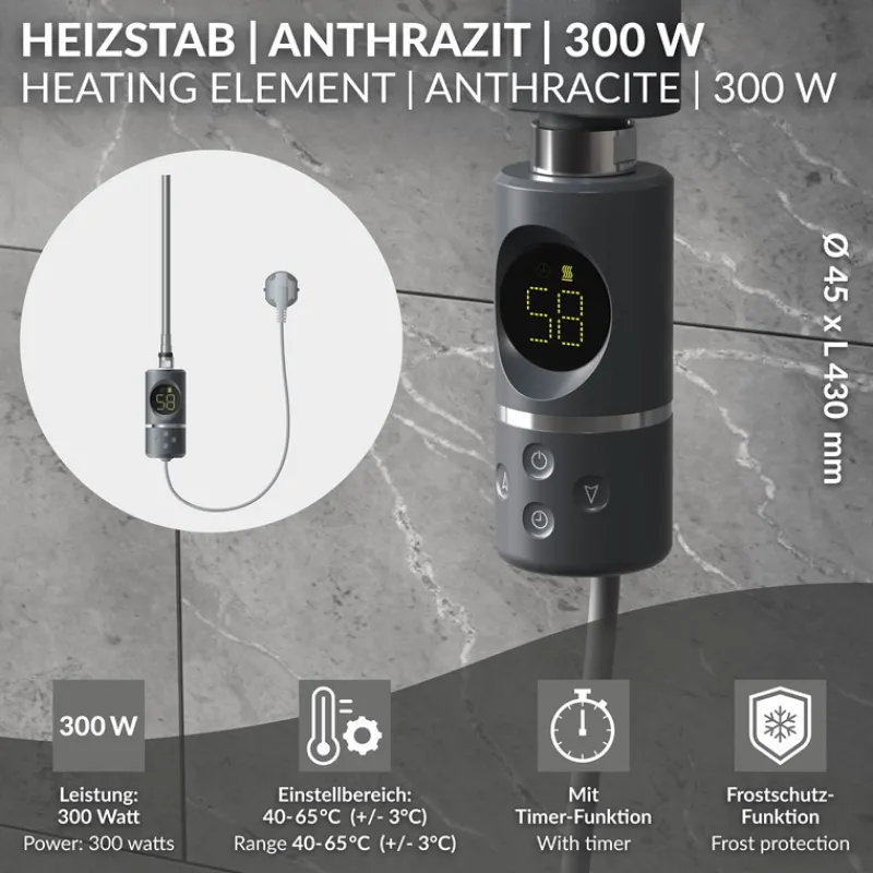 Heizstab 300W Anthrazit mit Thermostat und LCD Bildschirm LuxeBath-ECD Germany New
