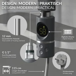 Heizstab 300W Anthrazit mit Thermostat und LCD Bildschirm LuxeBath-ECD Germany New