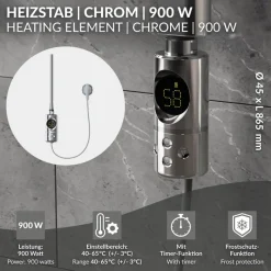 Heizstab 900W Chrome mit Thermostat und LCD Bildschirm LuxeBath-ECD Germany Hot