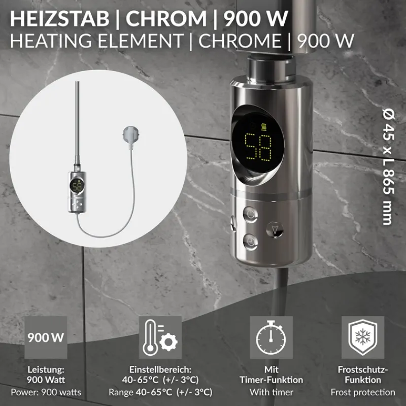 Heizstab 900W Chrome mit Thermostat und LCD Bildschirm LuxeBath-ECD Germany Hot